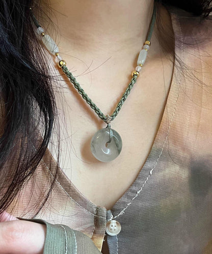 Retro Green Weaving Jade Ping an Buckle Pendant Necklace