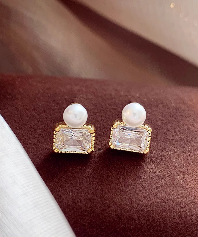 Gold Sterling Silver Overgild Pearl Stud Earrings