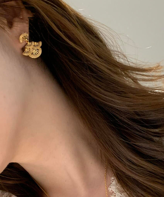 Chinese Style Gold Copper Overgild Sector Hollow Out Stud Earrings