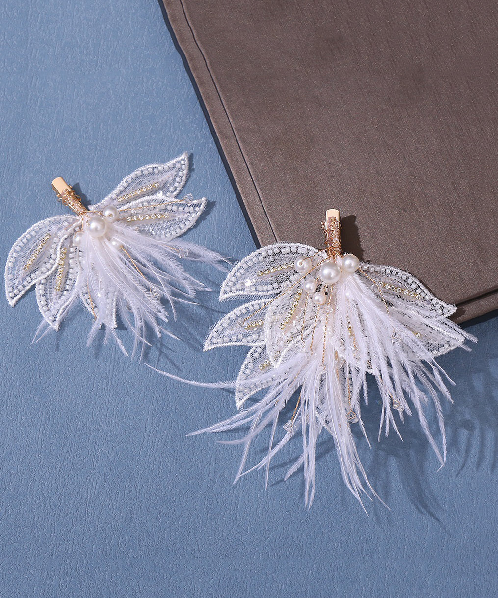 Stylish White Overgild Pearl Feather Tulle Hairpin Two Piece Set