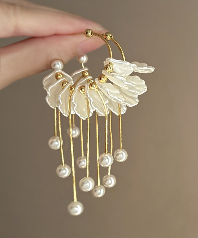 Gold Copper Alloy Pearl Petals Tassel Drop Earrings