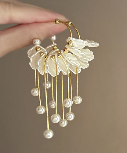Gold Copper Alloy Pearl Petals Tassel Drop Earrings