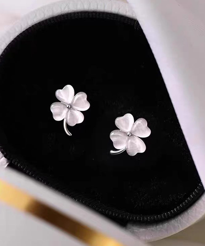 Apricot Alloy Cat's Eye Stone Four-leaf Clover Stud Earrings