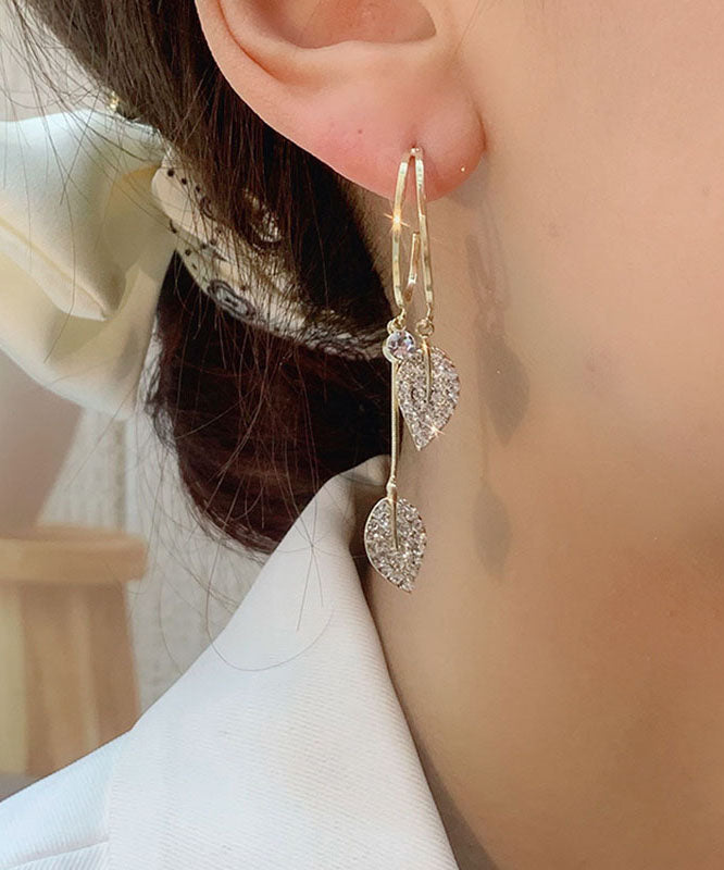 Gold Sterling Silver Zircon Leaf Drop Earrings