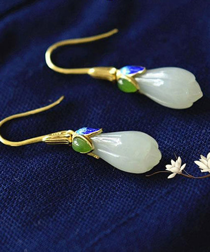White Paitings Silver Jade Drop Earrings