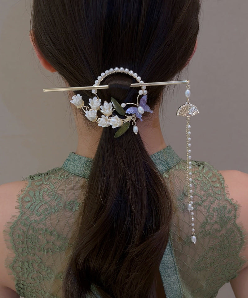 Retro White Alloy Pearl Lily of the Valley Tassel Hairpin