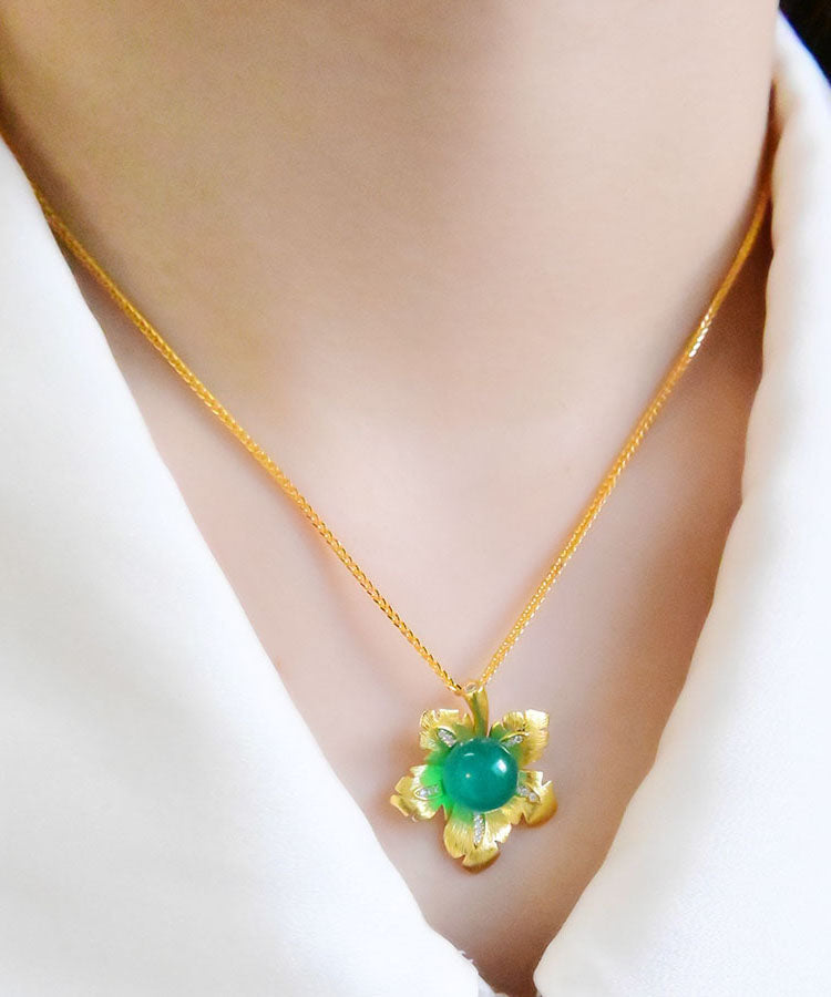 Retro Green Sterling Silver Inlaid Jade Pendant Necklace