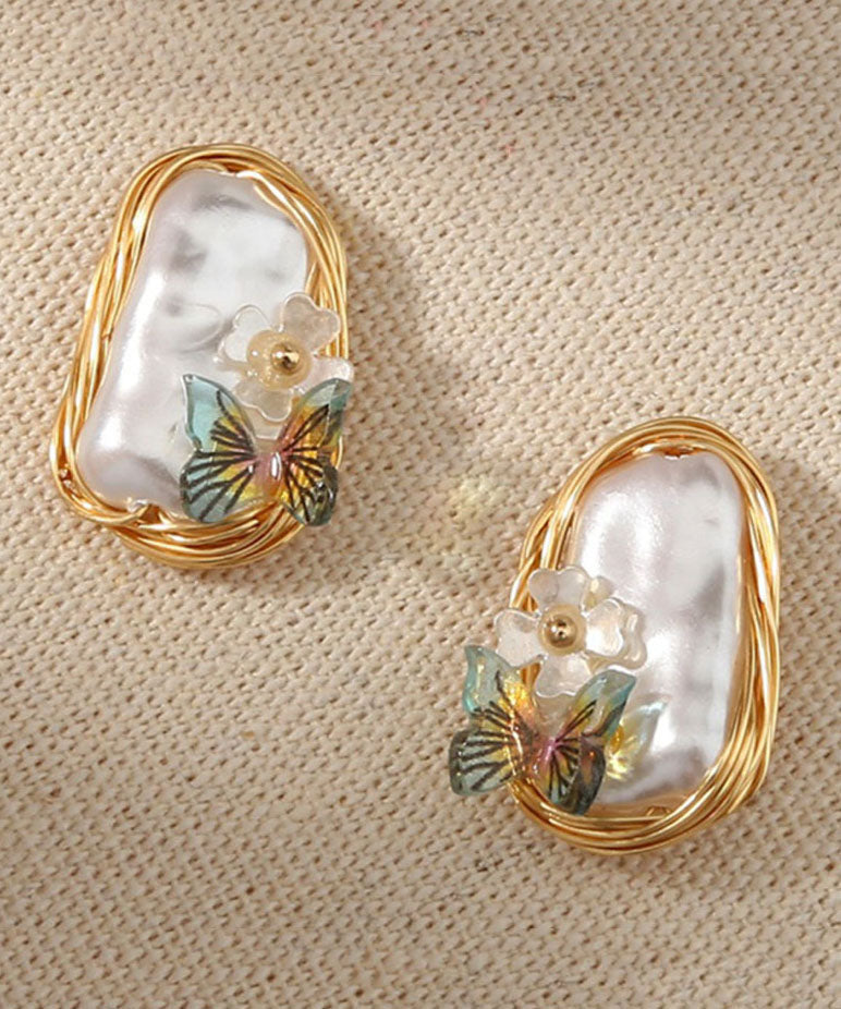 Yellow Handmade Pearl Butterfl Stud Earrings