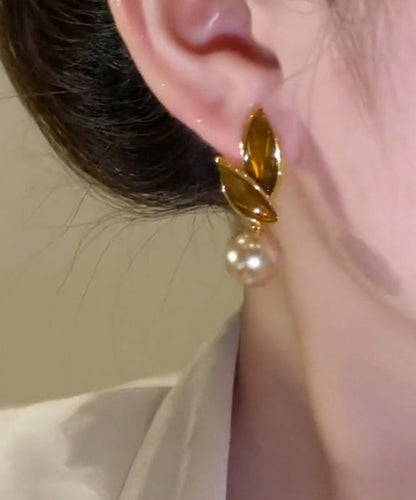 Coffee Sterling Silver Alloy Pearl Leaf Stud Earrings