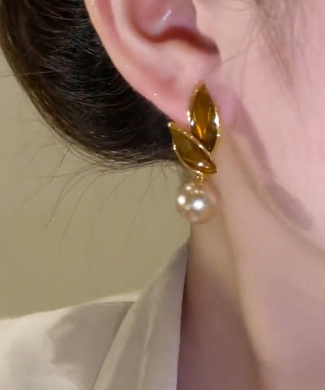Coffee Sterling Silver Alloy Pearl Leaf Stud Earrings