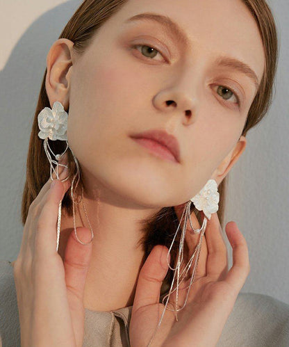 White Flower Tasseled Metal Drop Earrings
