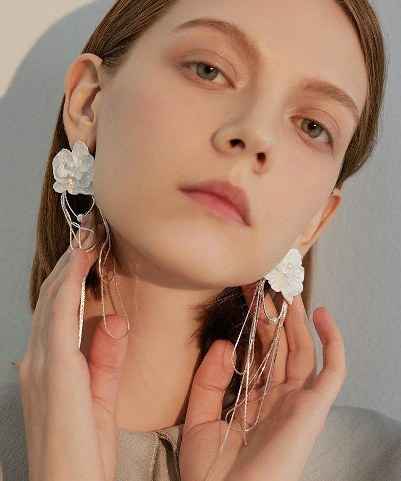 White Flower Tasseled Metal Drop Earrings