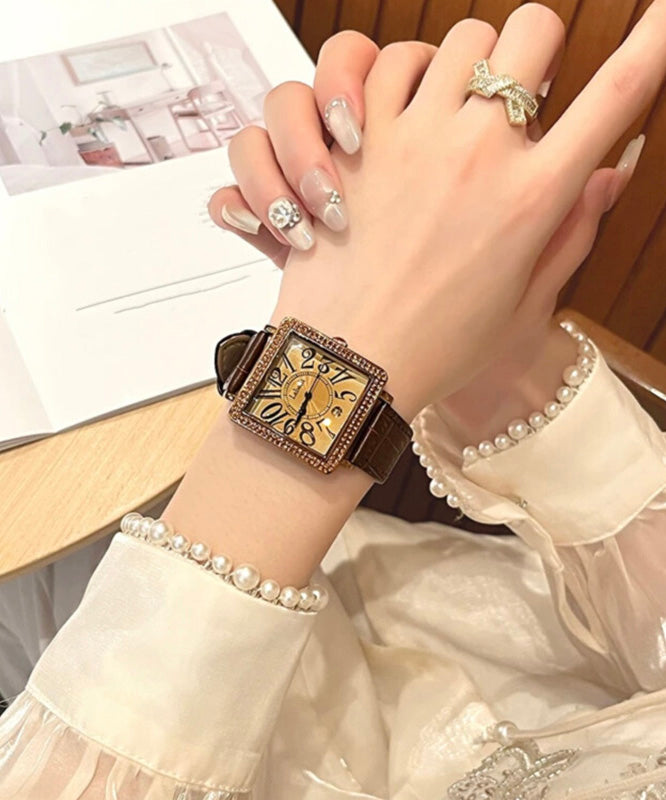 Coffee Leather Zircon Quartz Movement Tempered Glass Watch