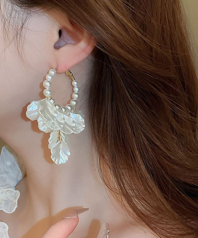 Classy White Alloy Pearl Resin Shell Hoop Earrings
