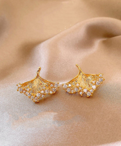 Modern Gold Copper Overgild Zircon Ginkgo Leaf Stud Earrings