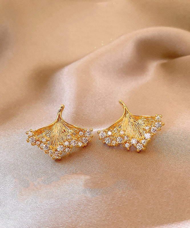 Modern Gold Copper Overgild Zircon Ginkgo Leaf Stud Earrings