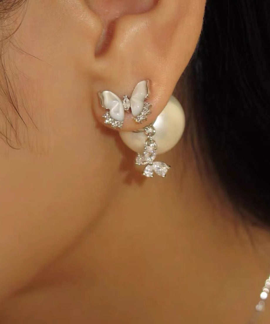 Vogue White Copper Butterfly Zircon Tassel Stud Earrings