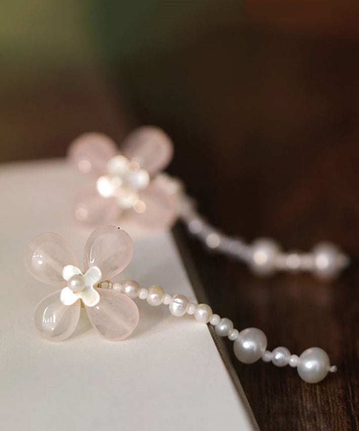 Pink Weave Crystal Pearl Tassel Drop Earrings