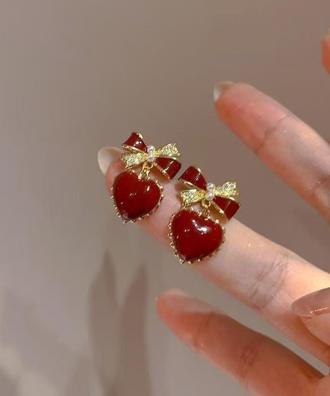 French Red Copper Alloy Zircon Bow Love Stud Earrings