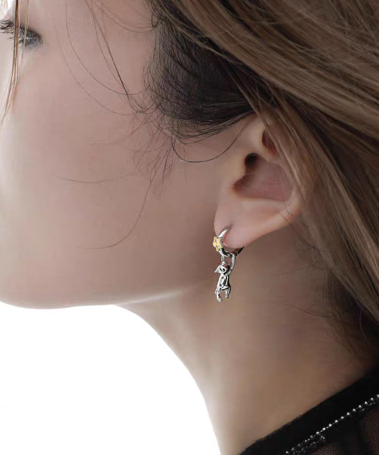 Boutique Silk Sterling Silver Zircon the Cat Picking Stars Drop Earrings