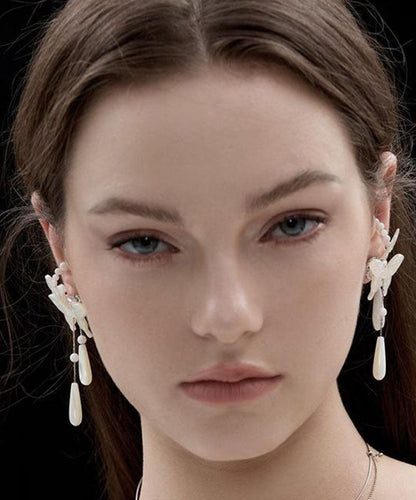 White Sterling Silver Pearl Butterfly Water Drop Drop Earrings