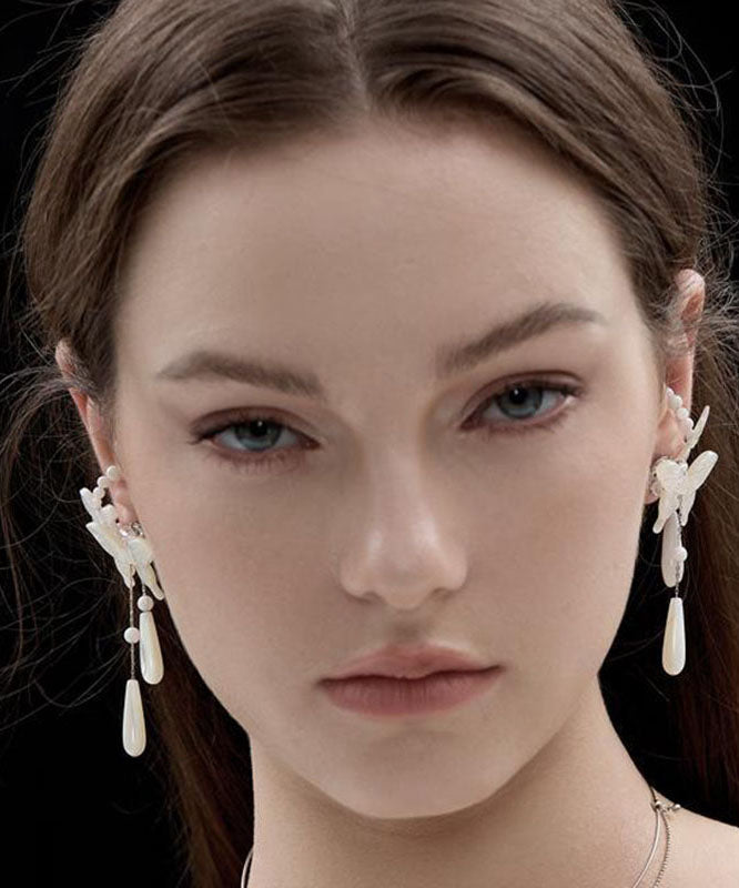 White Sterling Silver Pearl Butterfly Water Drop Drop Earrings