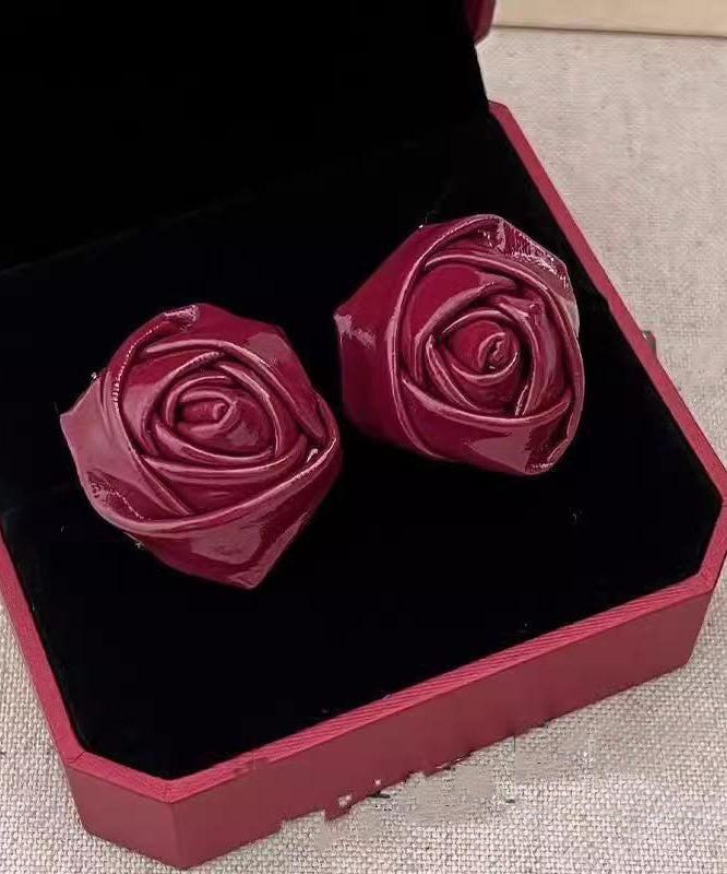 Handmade Red Pu Rose Stud Earrings