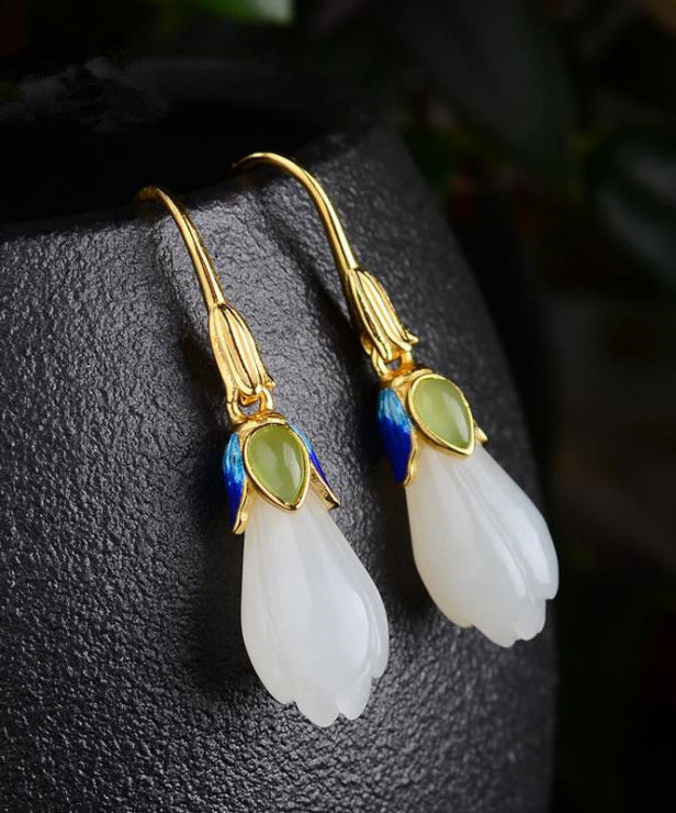 White Paitings Silver Jade Drop Earrings