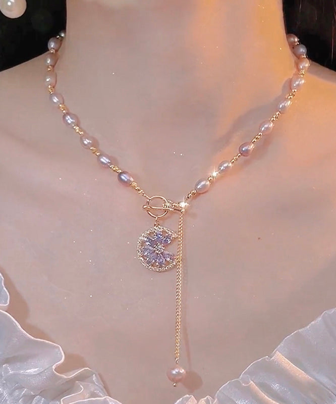 Purple Sterling Silver Overgild Zircon Pearl Tassel Lariat Necklace