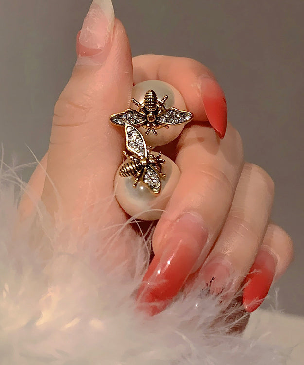 Gold Sterling Silver Copper Overgild Pearl Bee Stud Earrings