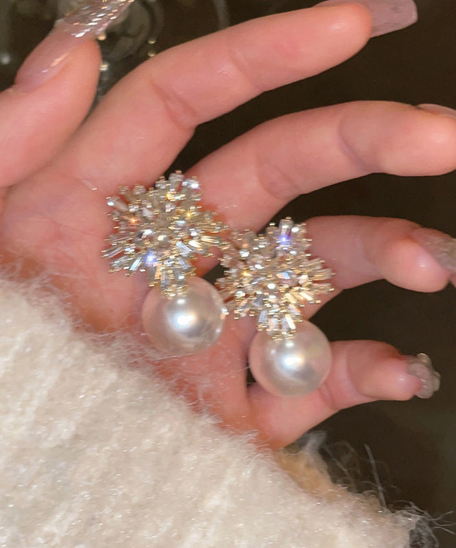 Beige Copper Overgild Zircon Pearl Snowflake Stud Earrings