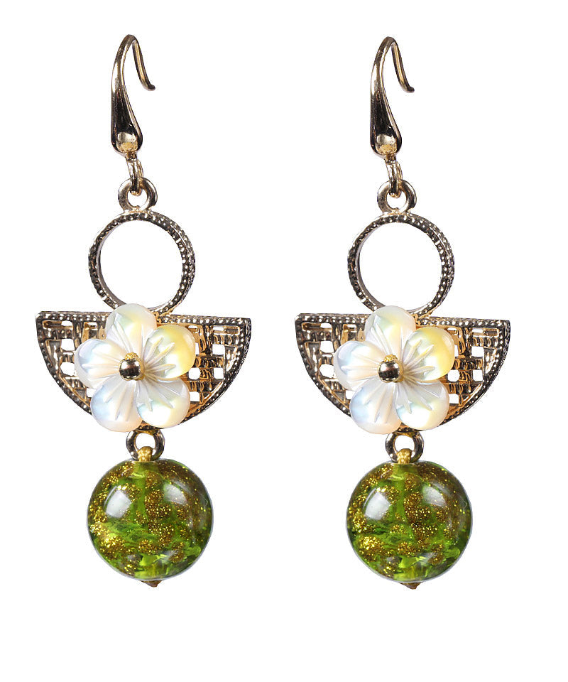 Handmade Green Copper Glaze Shell Flower Drop Earrings