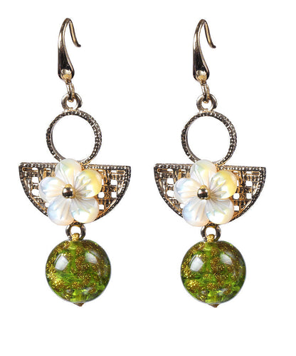 Handmade Green Copper Glaze Shell Flower Drop Earrings