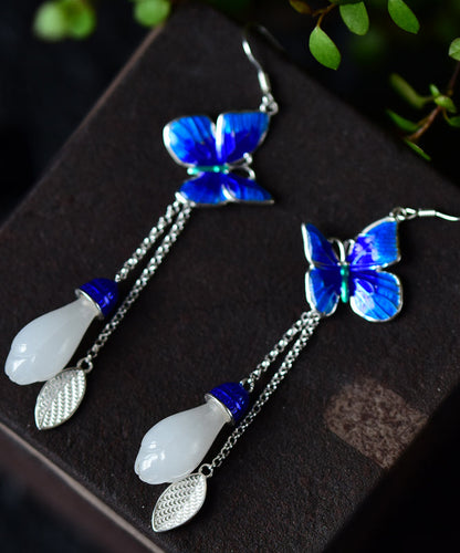 Blue Paitings Silver Gem Stone Drop Earrings