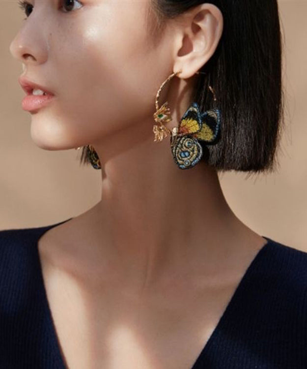Gold Sterling Silver Overgild Crystal Embroidery Butterfly Hoop Earrings