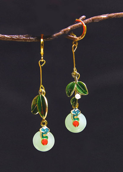 Metal Green Leaf Circular Jade Drop Earrings