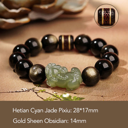 Buddha Stones Natural Gold Sheen Obsidian Hetian Cyan Jade White Jade Pixiu Wealth Bracelet