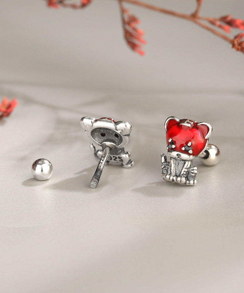 Red Little Tiger Shape Silver Stud Earrings