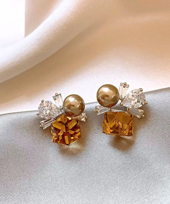 Brown Alloy Crystal Pearl Stud Earrings