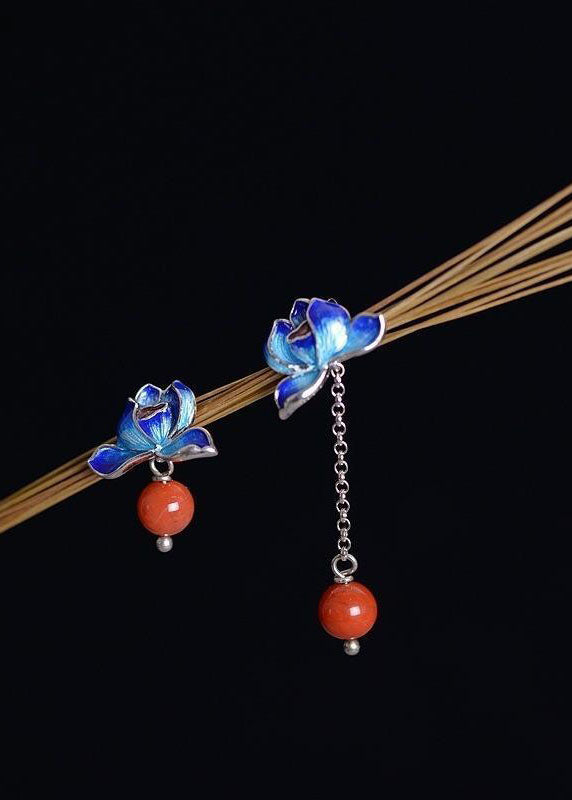 Cloisonne Lotus Tassel Agate Asymmetrical Design Drop Earrings