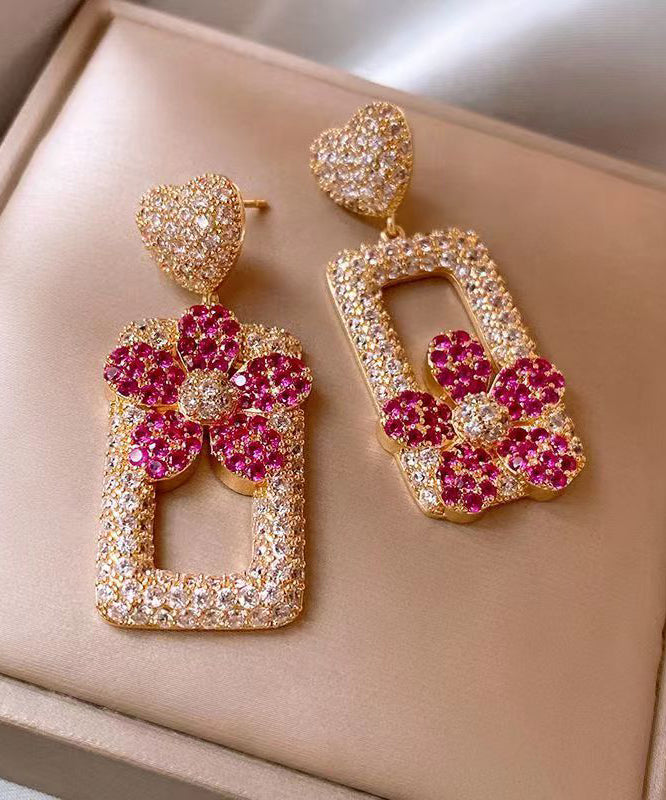 Modern Rose Sterling Silver Overgild Zircon Love Rectangular Shape Drop Earrings