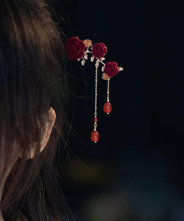 Black Xylogen Gem Stone Rose Tassel Hairpin