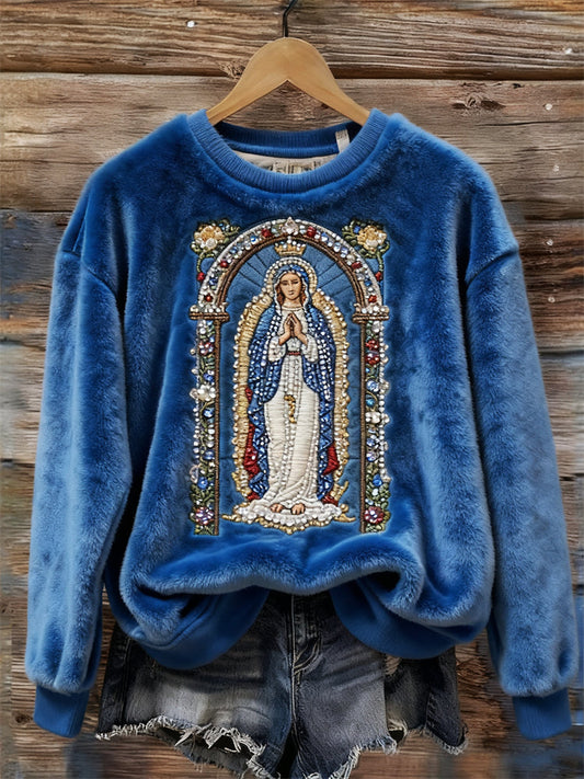 Comstylish Mama Mary Glitter Embroidered Cozy Plush Sweatshirt