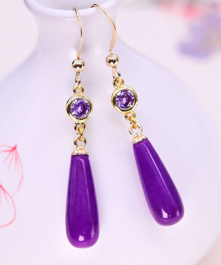 Stylish Purple 14k Gold Inlaid Mica Crystal Drop Earrings