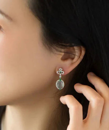 Green Sterling Silver Zircon Jade Stud Earrings
