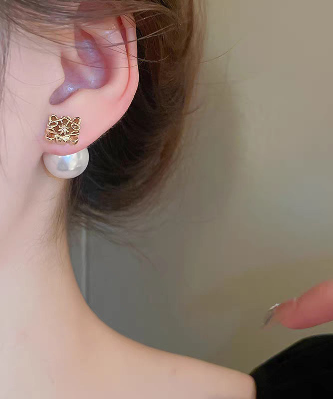 White Copper Overgild Pearl Stud Earrings