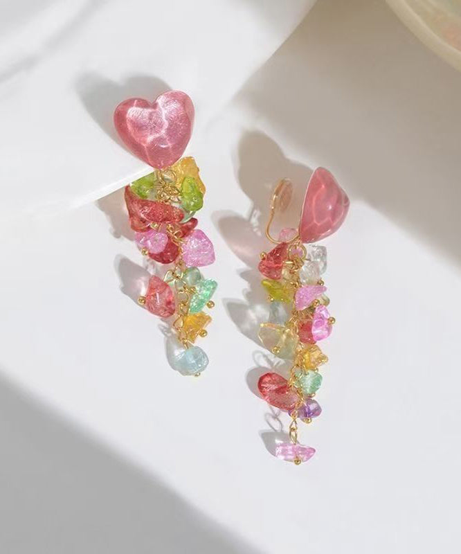 Diy Colorblock Copper Gem Stone Love Tassel Drop Earrings