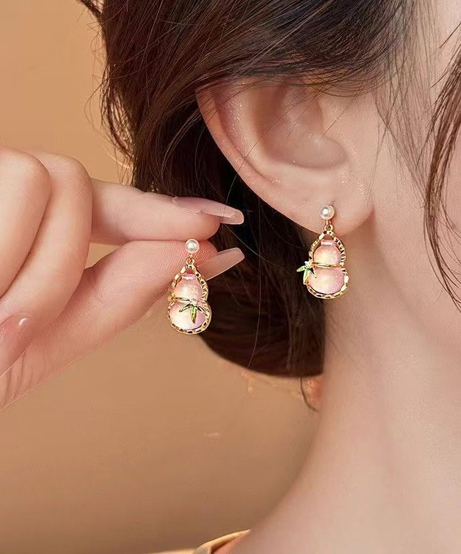 Pink Alloy Zircon Resin Hollow Out Calabash Drop Earrings