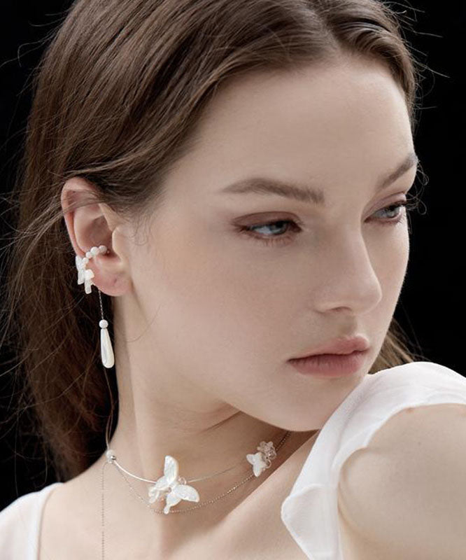 White Sterling Silver Pearl Butterfly Water Drop Drop Earrings