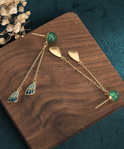 Chinese Style Gold Ancient Dharma Gold Jade Cloisonne Feather Tassel Drop Earrings